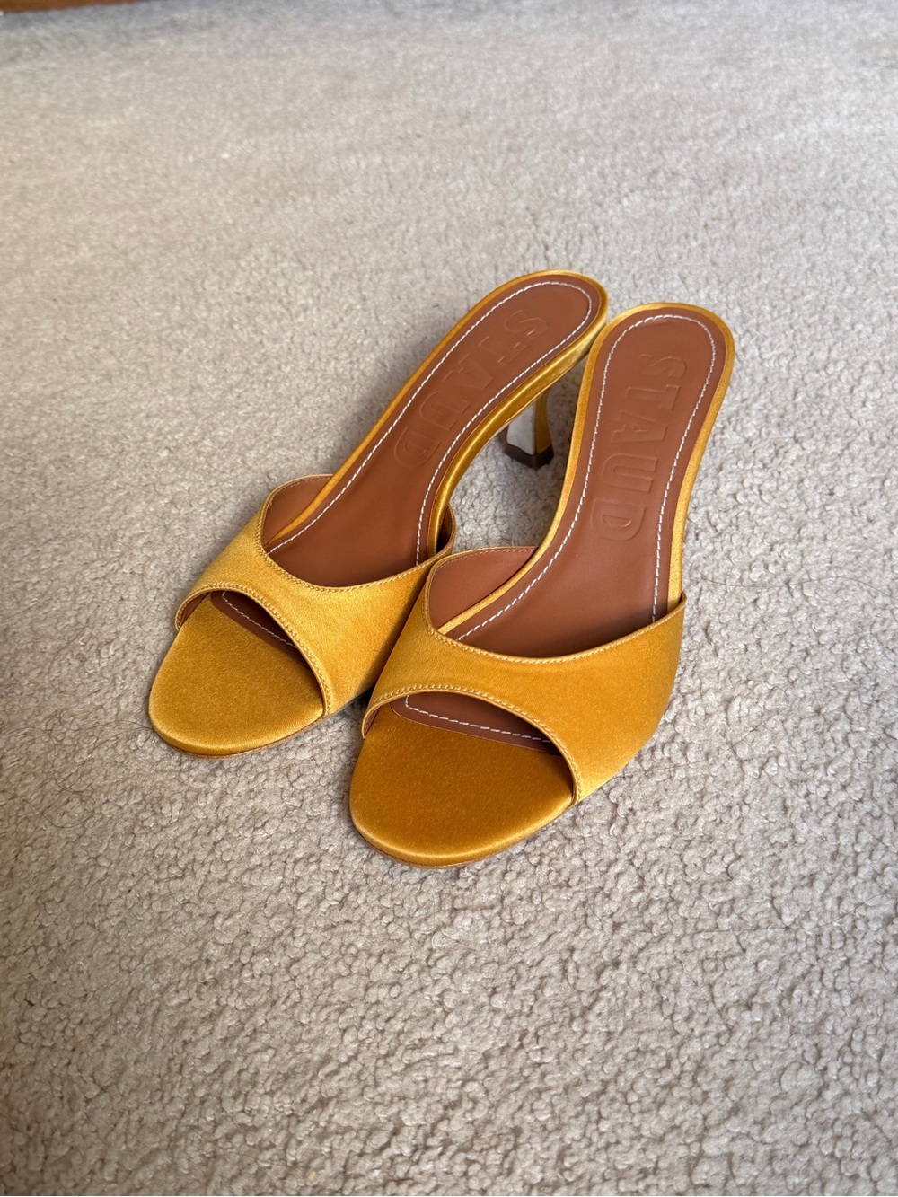 STAUD Mustard Satin Brigitte Mule Heels